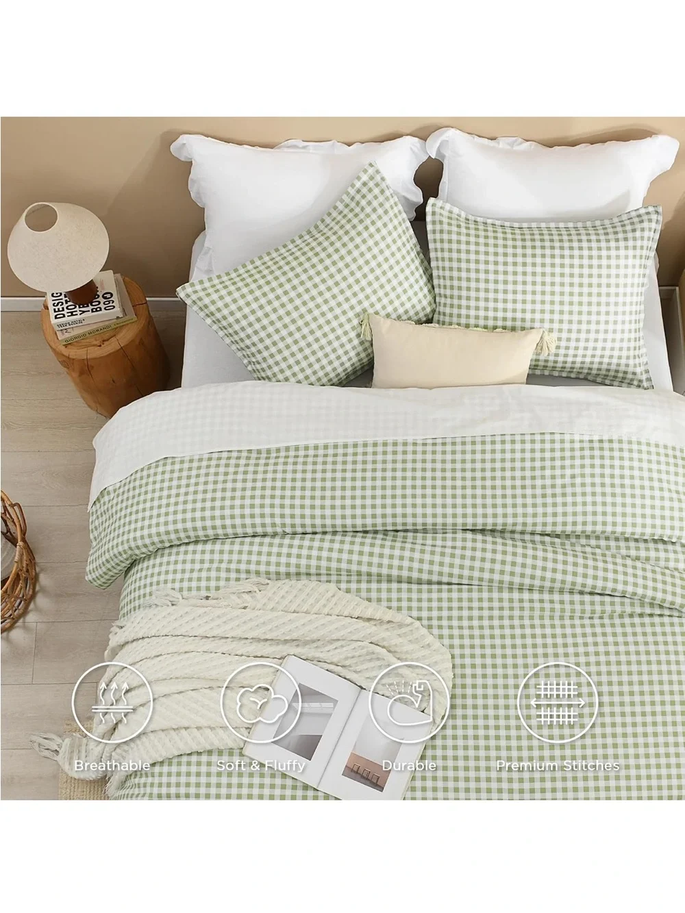 NEW Sage Gingham Comforter Set, Green Checkered, 3 Pieces. Full